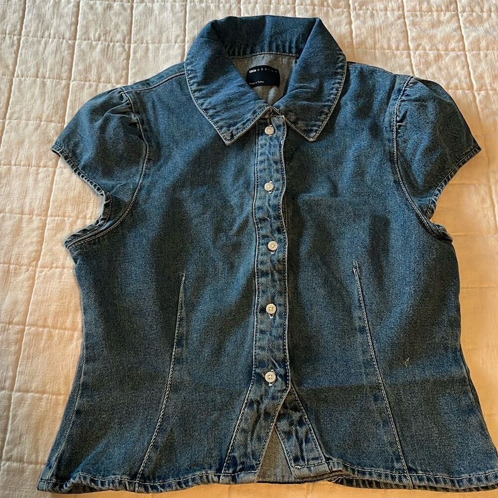 ASOS DESIGN Women's Blue Short-Sleeve Denim Button-Up Shirt Size M